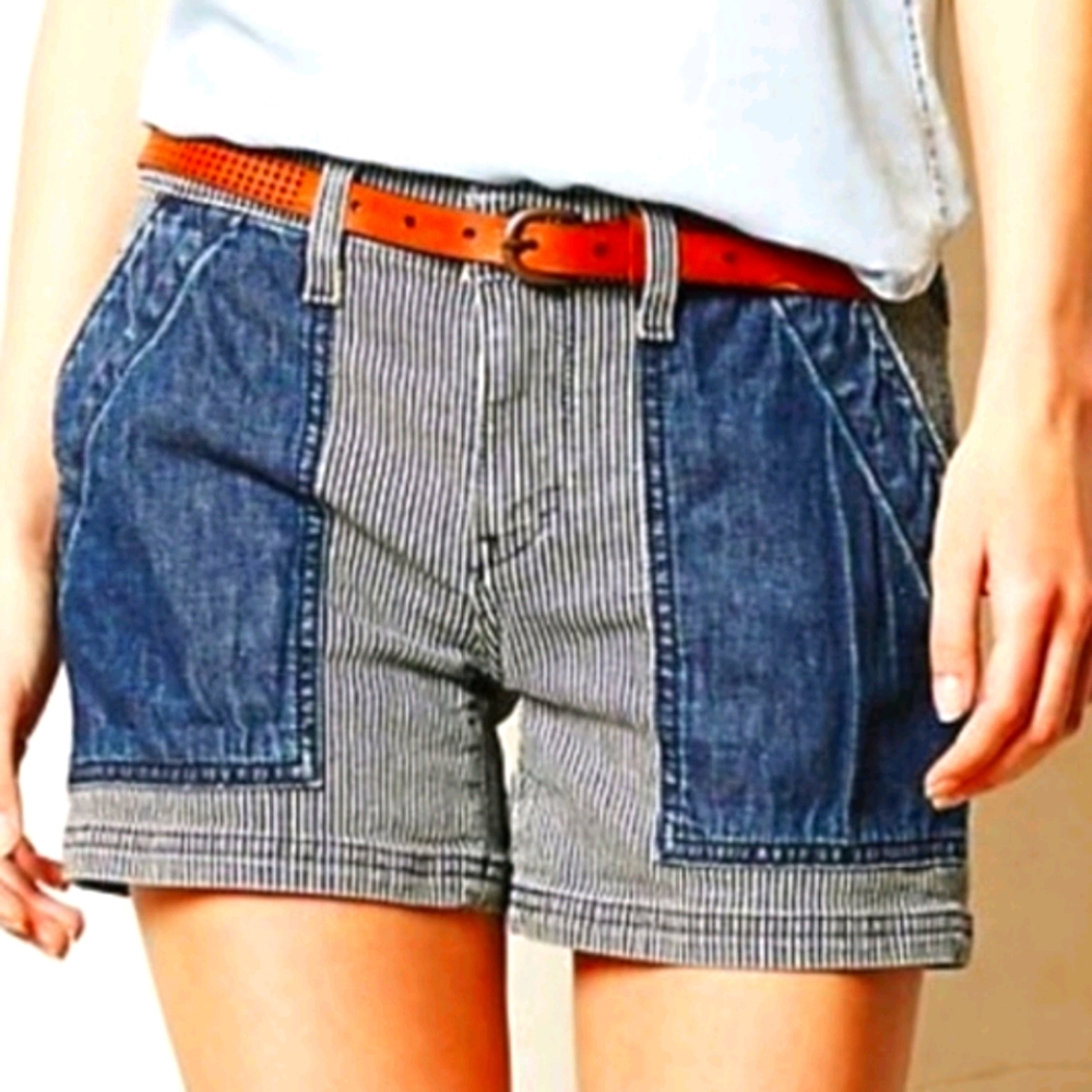Striped and Denim Patch High-Waist Women’s Shorts - Blue